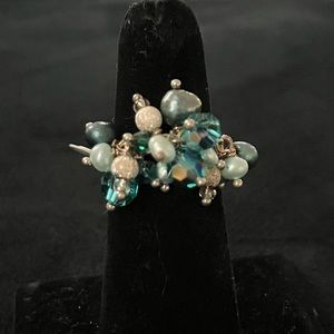 Handmade, sterling, silver Swarovski, crystal and pearl dangle ring